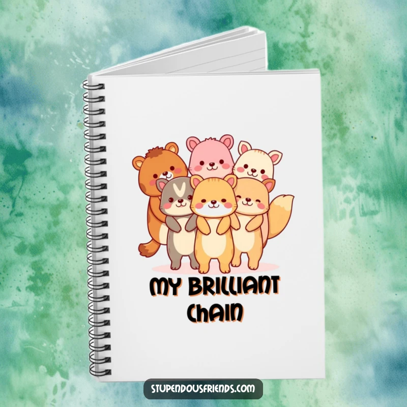 Funny notebook cover showcasing a chain of animals holding hands, a symbol of unity and shared ideas.