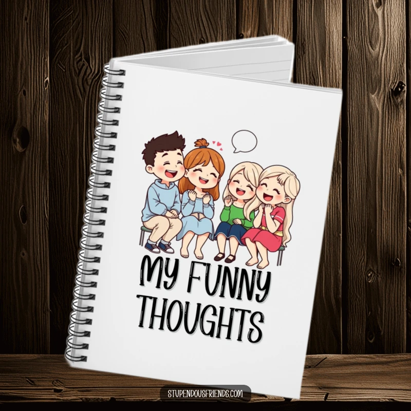 Funny notebook cover with a group of friends laughing together while telling jokes, inspiring humorous notes and creative writing.