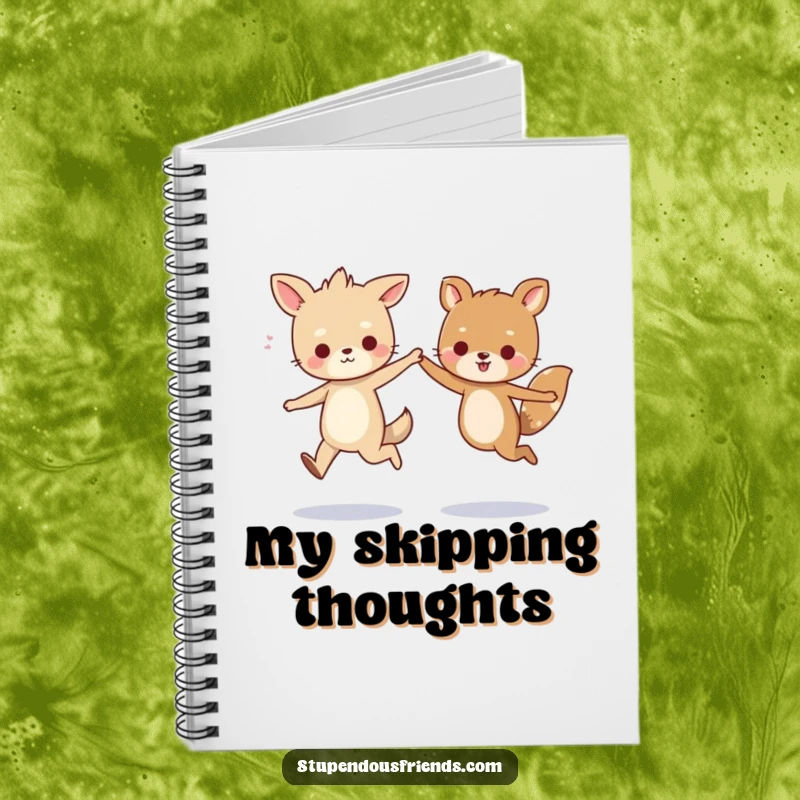 Funny notebook with a cover illustration of two happy animals skipping, holding hands, designed to inspire creativity and lighthearted note-taking.