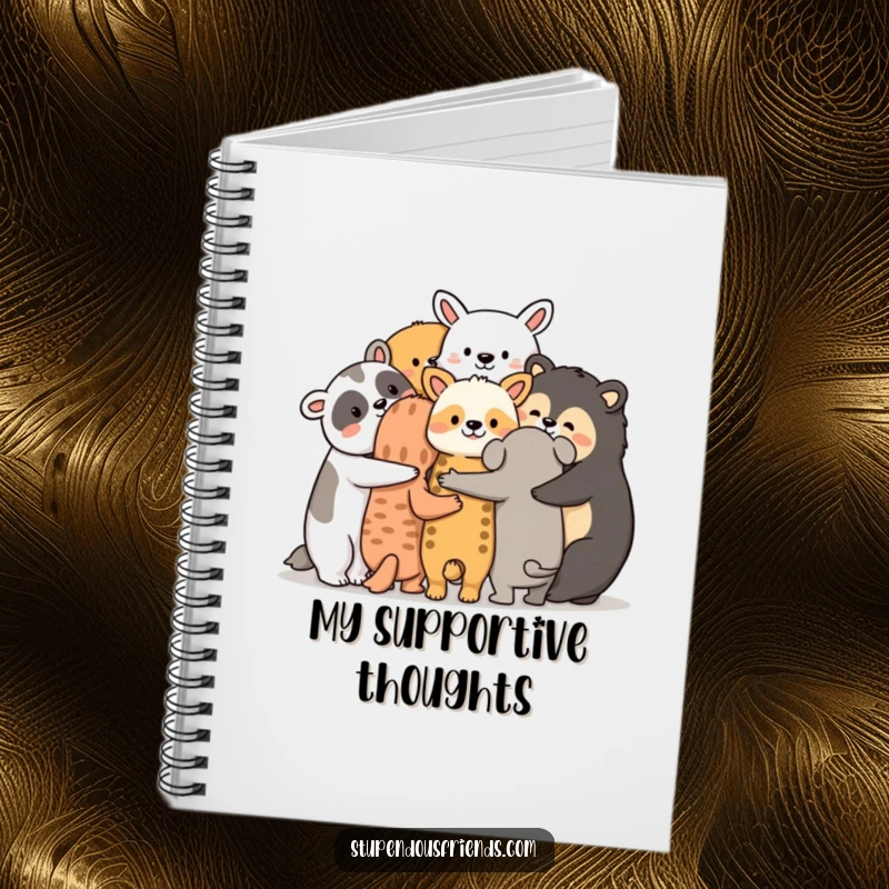 Funny animal friendship notebook, a group huddled together with arms around each other, ideal for journaling with warmth.