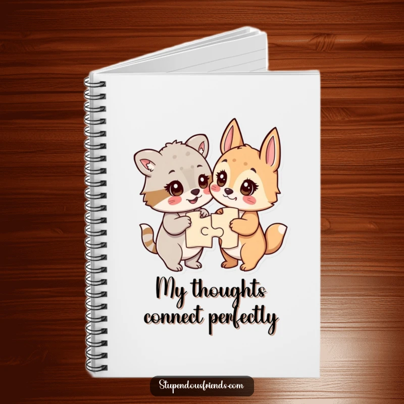 Funny notebook cover with a design of animals looking accomplished after completing a puzzle, eyes sparkling.