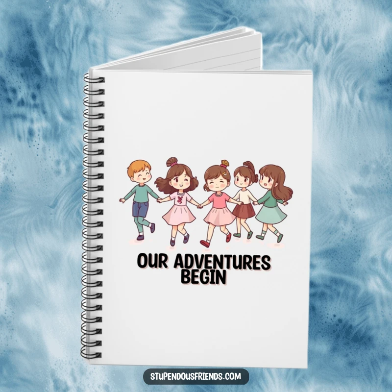 Funny notebook with friends holding hands and skipping in a circle on the cover, perfect for jotting down joyful plans and memories.