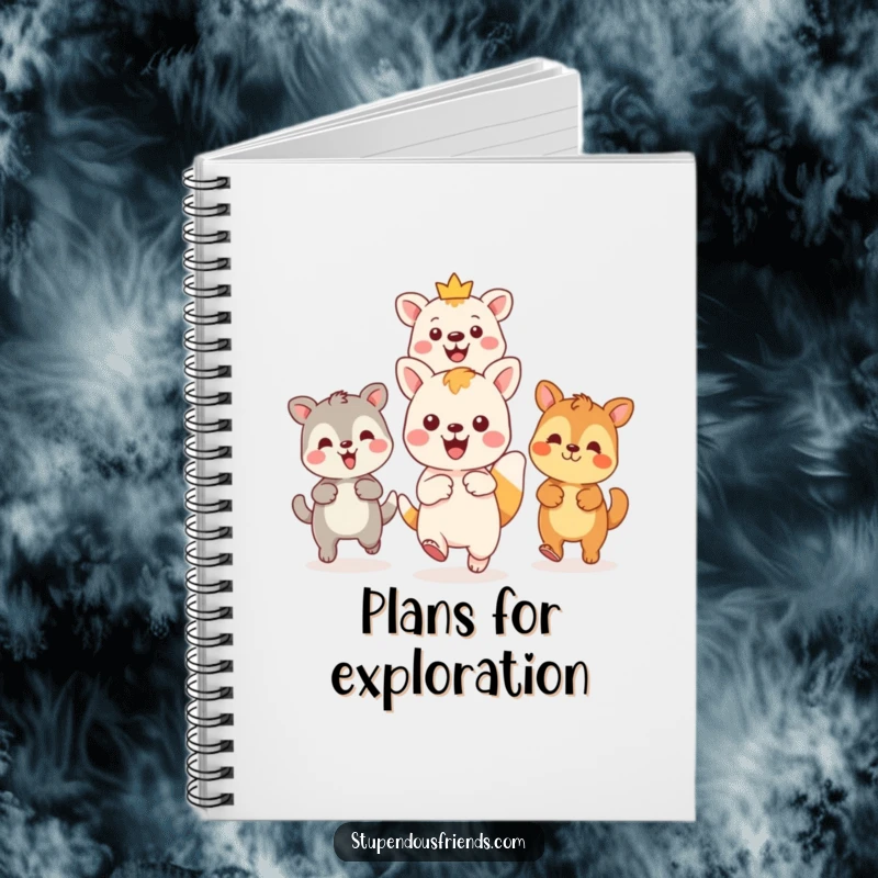 Funny Kawaii animal leading friends on an adventure on the cover of a lined notebook, a humorous and inspiring stationery item for gifting.