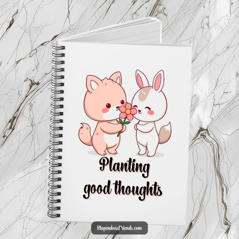 Funny Kawaii animal character giving a flower on the cover of a lined notebook, a humorous and sweet stationery item for gifting.