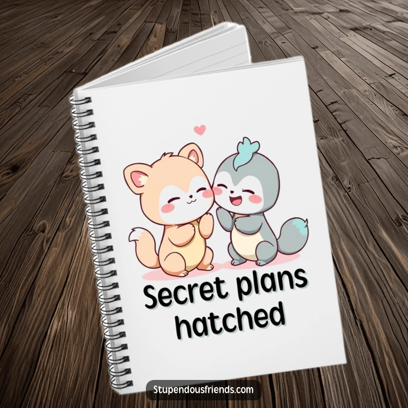 Funny notebook cover featuring two animals whispering secrets and giggling, perfect for jotting down thoughts.