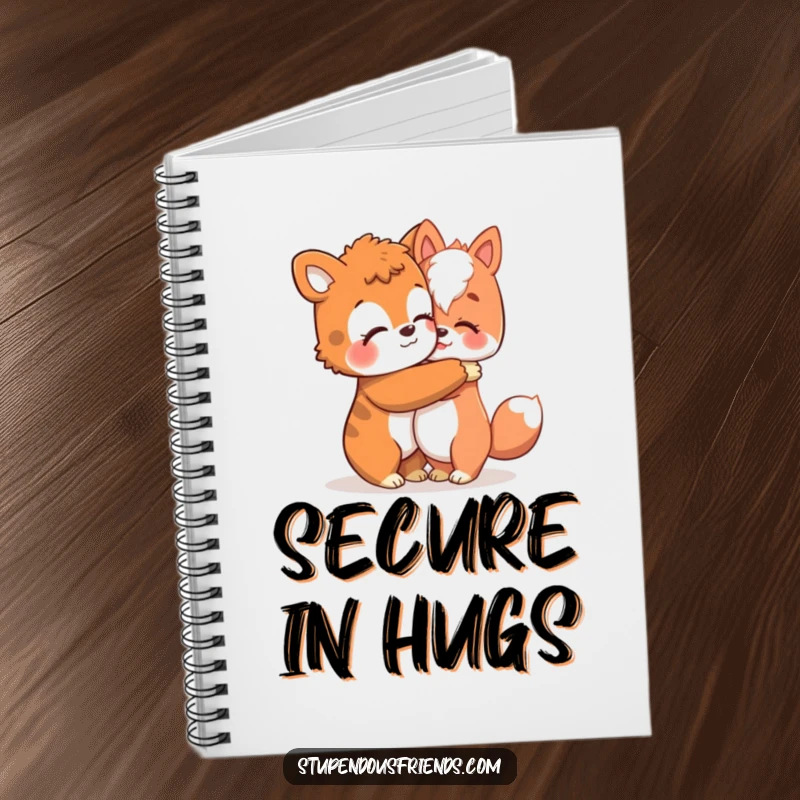 Funny notebook cover with an animal character giving a comforting hug, symbolizing warmth, support, and empathy.