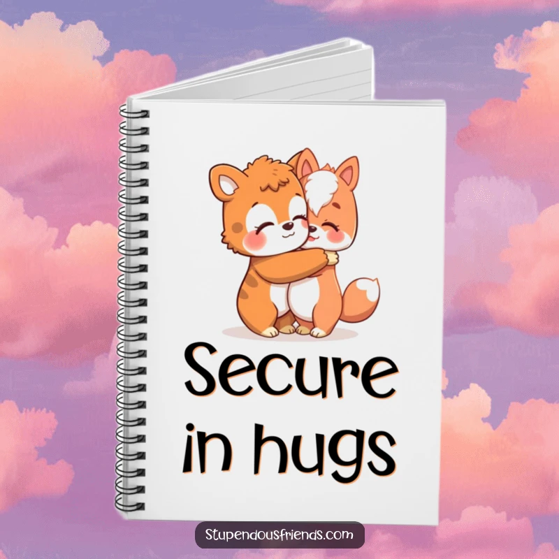 Funny notebook cover with an animal character giving a comforting hug, symbolizing warmth, support, and empathy.