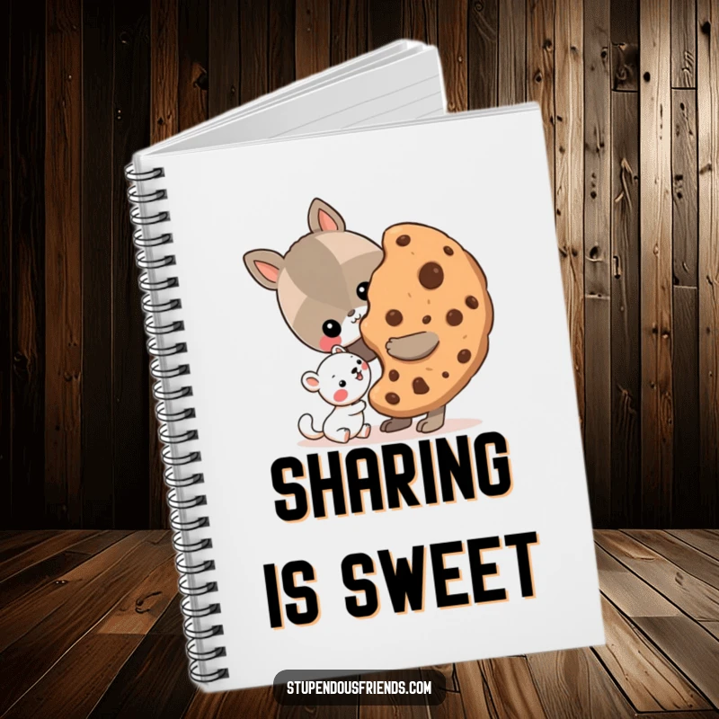 Funny Notebook cover displaying an animal sharing a large cookie with a smaller friend, inspiring thoughts of kindness and friendship.