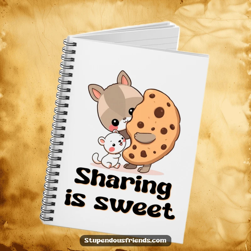 Funny Notebook cover displaying an animal sharing a large cookie with a smaller friend, inspiring thoughts of kindness and friendship.