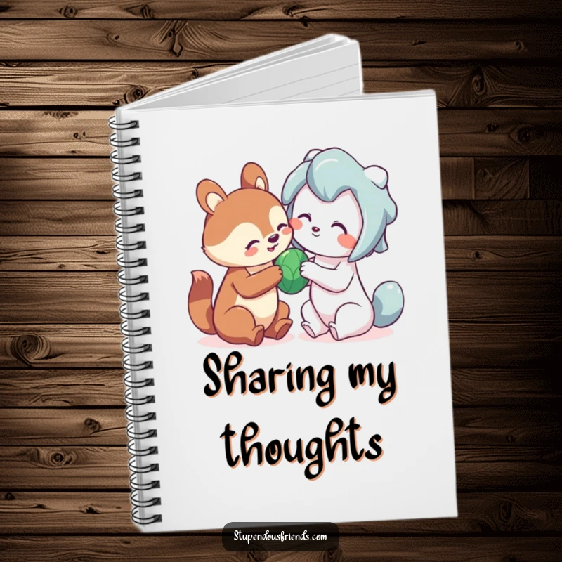 Funny sharing animal notebook featuring a cute creature playfully sharing a toy, perfect for jotting down kind thoughts.
