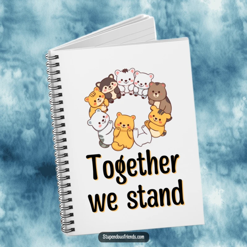 Funny notebook cover with diverse animal characters forming a unity circle, symbolizing cooperation and shared ideas.