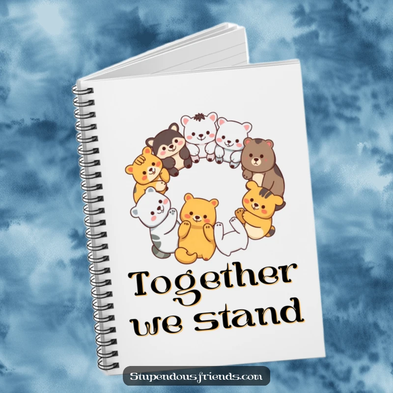 Funny notebook cover with diverse animal characters forming a unity circle, symbolizing cooperation and shared ideas.