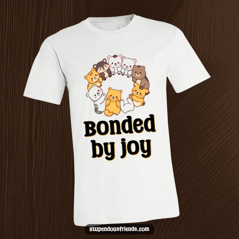 Funny T-shirt featuring a circle of diverse, smiling animal characters holding paws, representing unity and community.