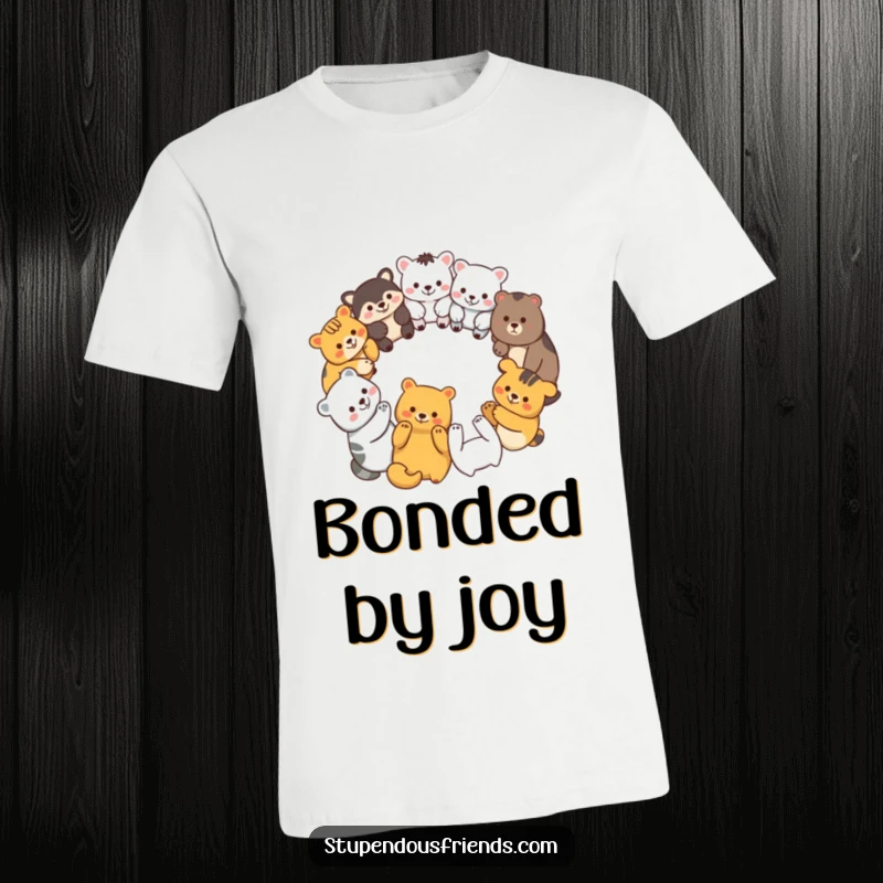 Funny T-shirt featuring a circle of diverse, smiling animal characters holding paws, representing unity and community.