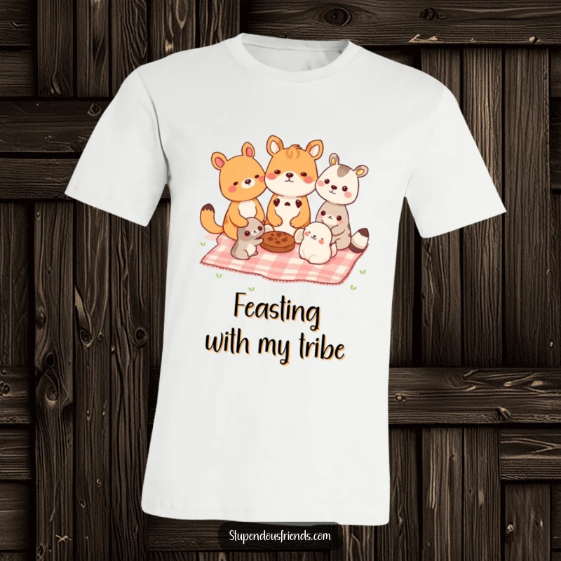 Funny t-shirt featuring animals happily sharing food on a picnic blanket, promoting togetherness. A cheerful funny gift.