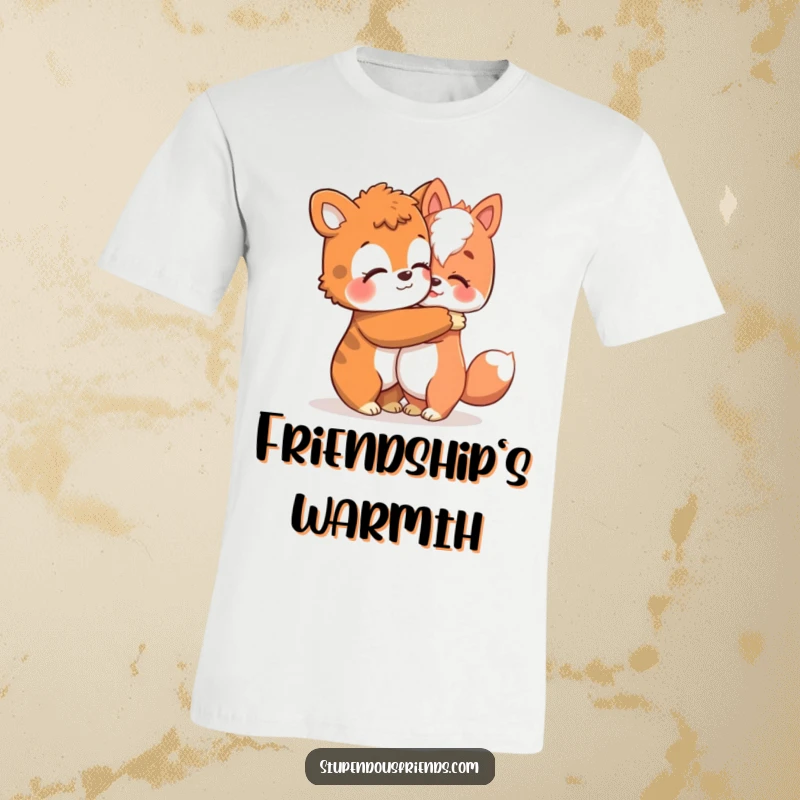Funny T-shirt illustration of a caring animal character giving a warm, comforting hug to a friend, spreading joy.
