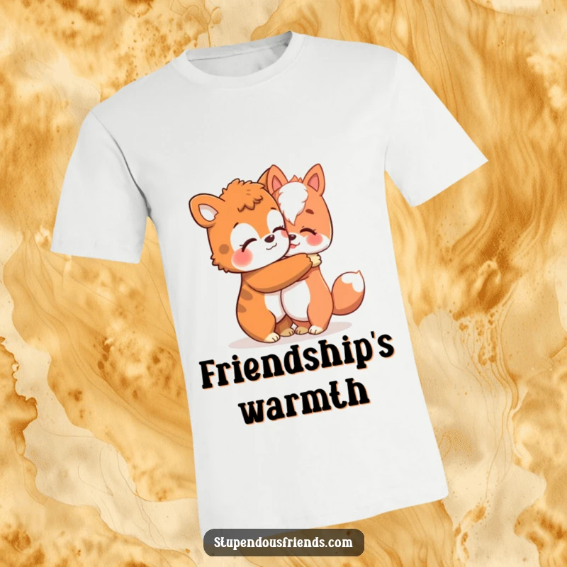 Funny T-shirt illustration of a caring animal character giving a warm, comforting hug to a friend, spreading joy.
