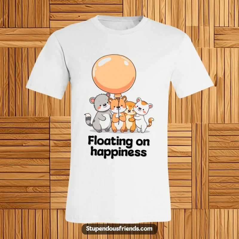 Funny T-Shirt featuring animal characters sharing a large, colorful balloon, their beaming faces radiating pure happiness and playful fun.