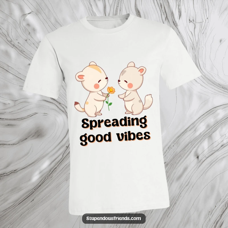 Funny t-shirt featuring an animal offering a flower to another with a gentle nod, highlighting themes of kindness and friendship.