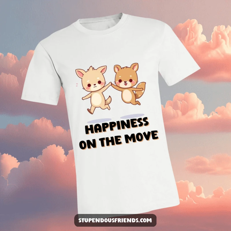 Funny t-shirt featuring two animated animals skipping cheerfully with hands clasped, embodying pure bliss and camaraderie for a humorous look.