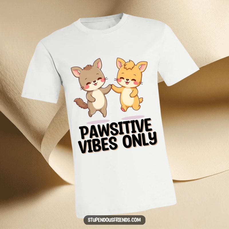 Funny t-shirt featuring two cartoon animal characters holding paws and playfully skipping together in perfect, happy synchronization.