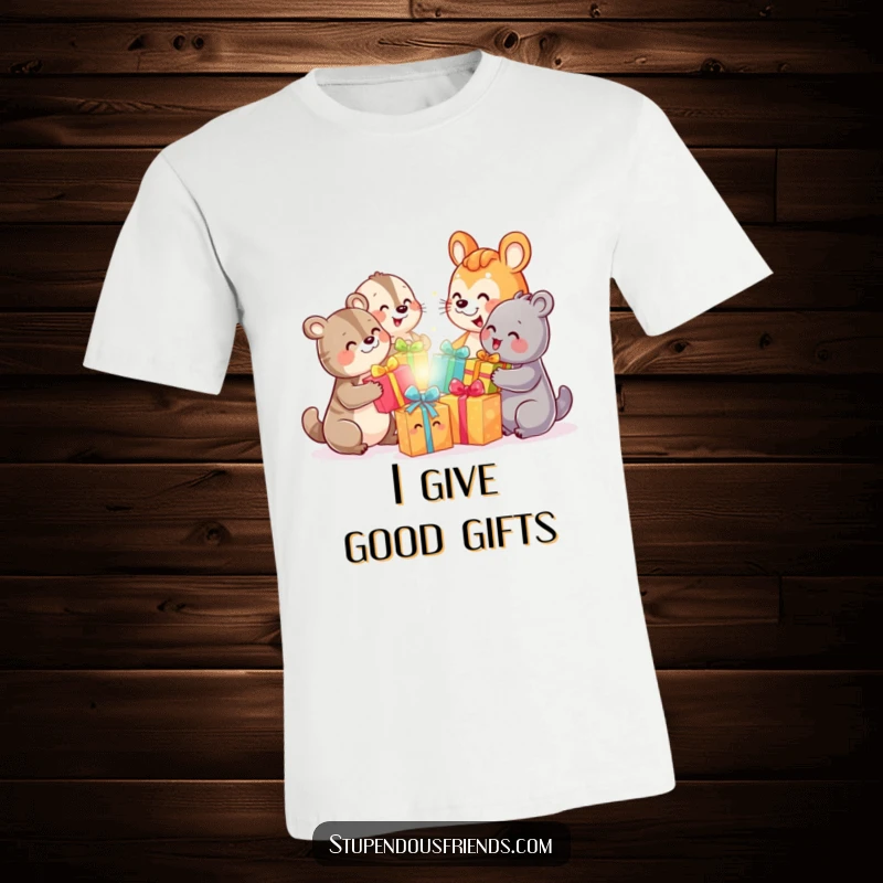 Funny t-shirt illustrated with various animal characters exchanging vibrant, colorful gifts with beaming smiles and festive cheer.