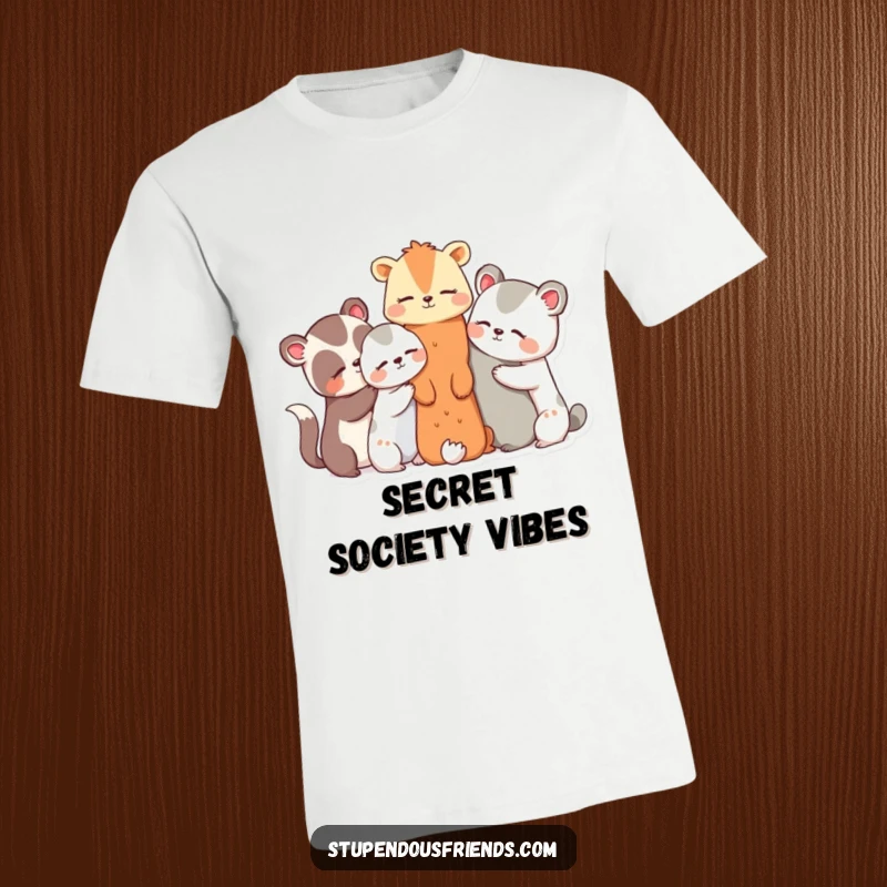 Funny t-shirt depicting a group of adorable animal characters huddled together, sharing whispered secrets and joyful giggles.