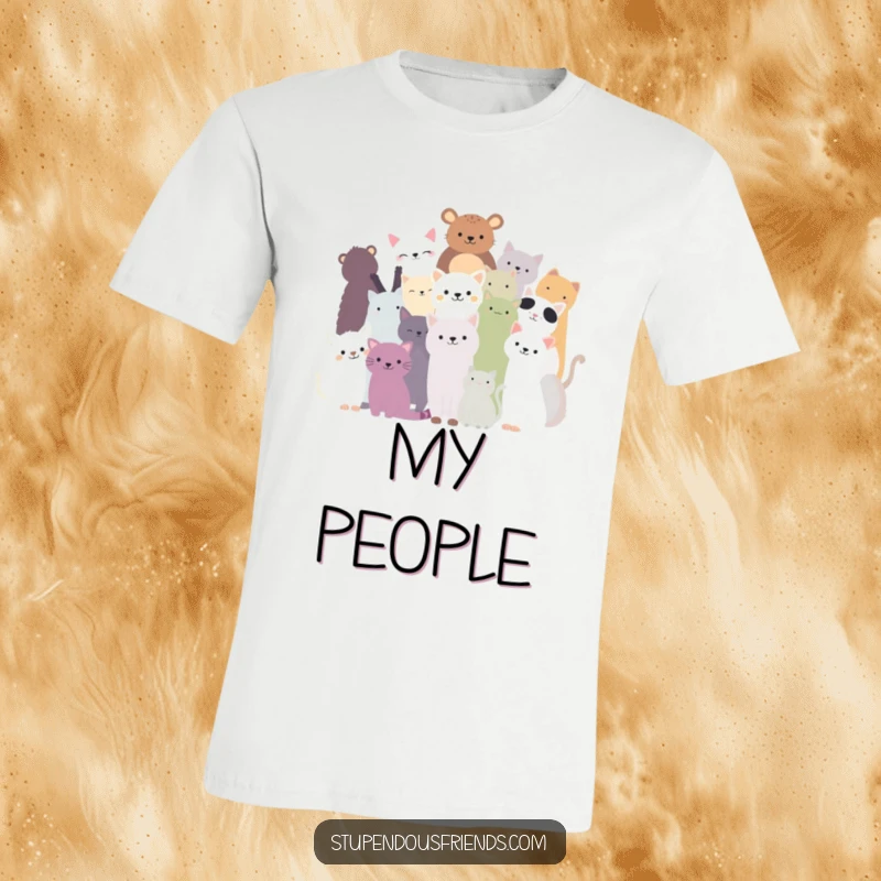 Funny t-shirt featuring a vibrant silhouette of various animals forming a close, happy huddle, symbolizing unity.