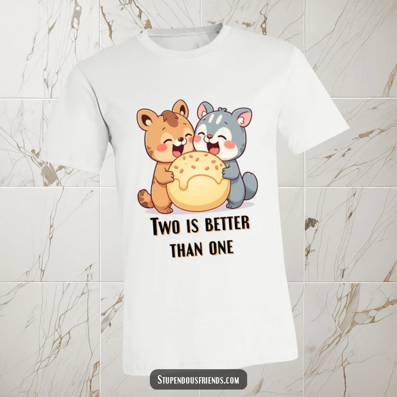 Funny t-shirt with two charming animal characters affectionately sharing a massive, mouth-watering treat, symbolizing friendship.