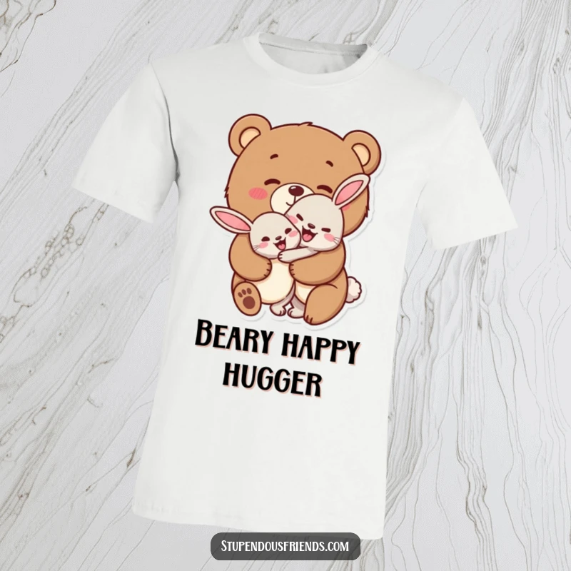 Funny bear and rabbit t-shirt, depicting a cheerful hug, symbolizing friendship, kindness, and heartwarming connection.