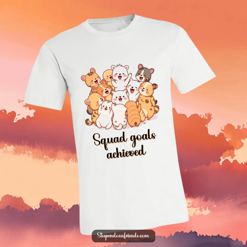 Funny T-Shirt: A circle of diverse animals are depicted cheering and laughing heartily together, celebrating shared joy.