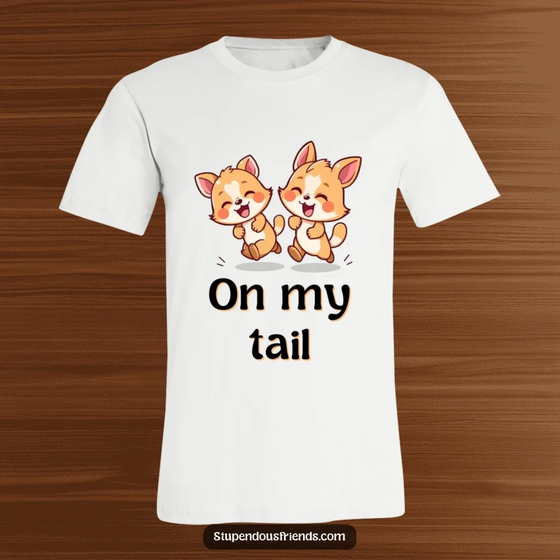 Funny t-shirt featuring two cartoon animals in a dynamic, joyful game of chase, conveying excitement and playfulness.