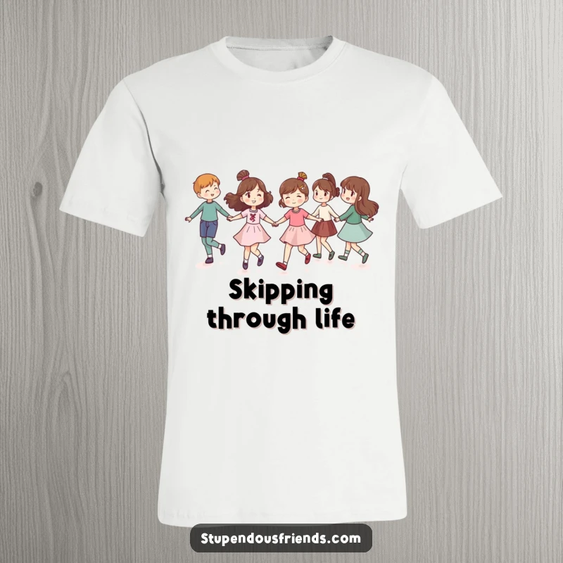 Funny t-shirt depicting a group of friends holding hands and joyfully skipping in a circle, symbolizing unity and happiness.