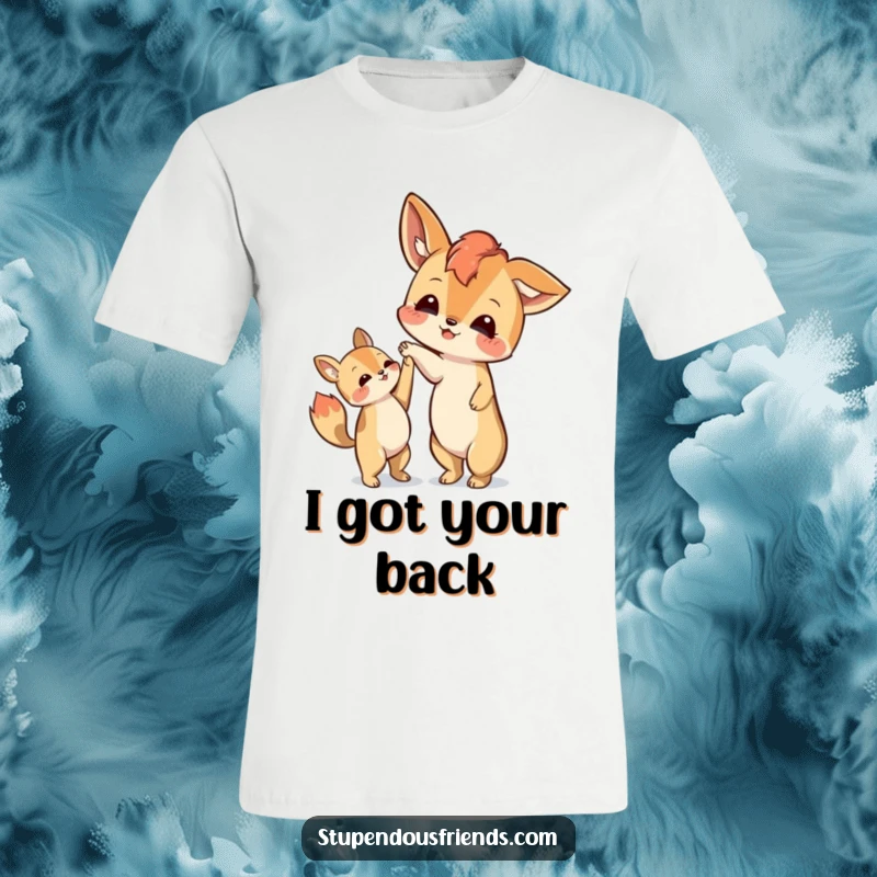Funny t-shirt showing an animal character offering a supportive paw to help another character get back up.
