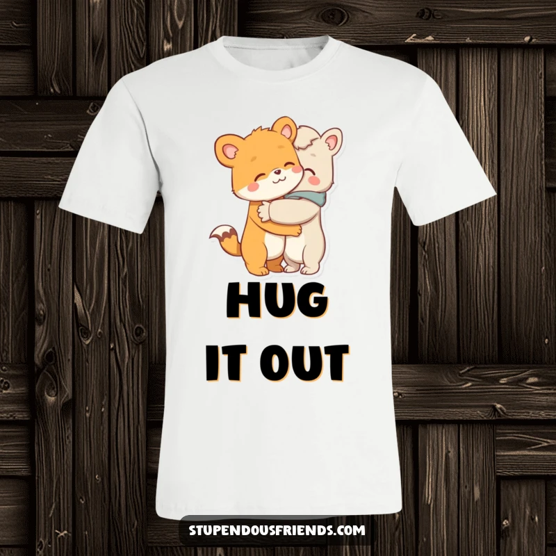 Funny t-shirt, two adorable animal characters in a close, comforting hug, symbolizing friendship, love, and heartfelt connection.