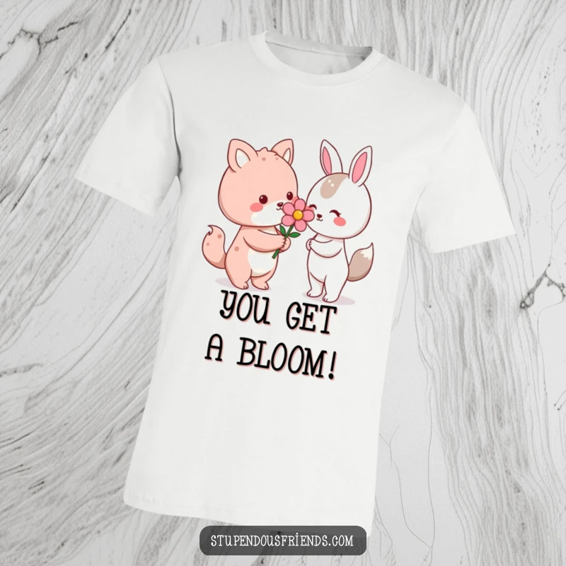 Funny Kawaii animal character presenting a vibrant flower to another character on a T-shirt, a humorous and heartwarming design for gifting.
