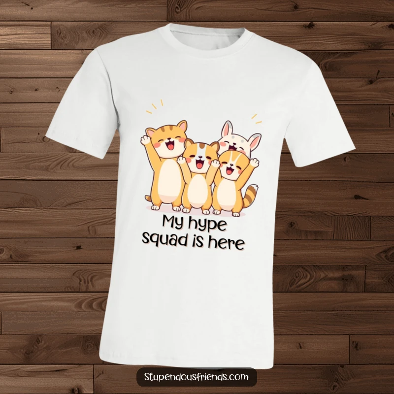 Funny t-shirt displaying a dynamic group of animals enthusiastically cheering with raised paws and excited expressions.