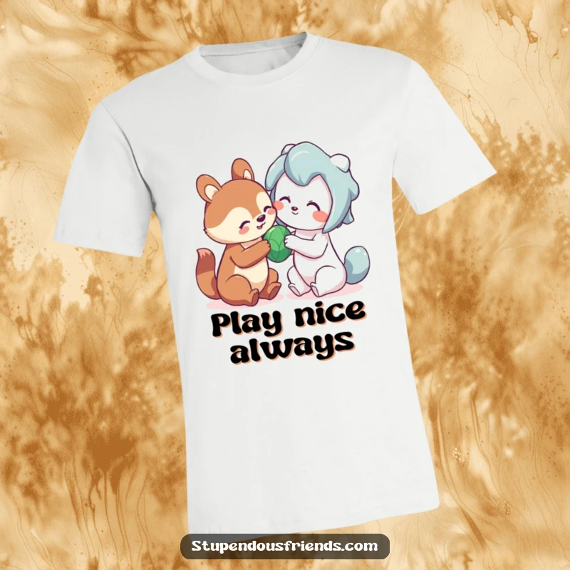 Funny sharing animal t-shirt depicting a cute creature happily sharing a toy with a friend, emphasizing playfulness.