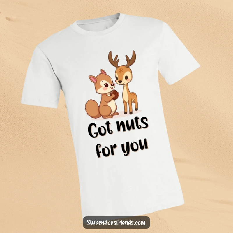 Funny T-Shirt with a squirrel offering a nut to a deer, illustrating a humorous and heartwarming woodland scene.