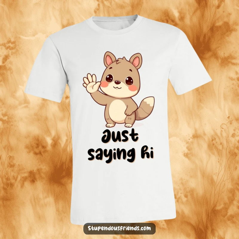 Funny waving animal t-shirt depicting a cute creature offering a warm, enthusiastic wave to a friend.