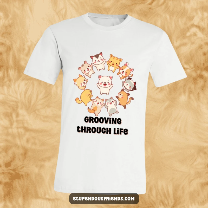 Funny T-Shirt: Playful animals dancing joyfully in a tight circle, bursting with happiness, ideal for a humorous gift.