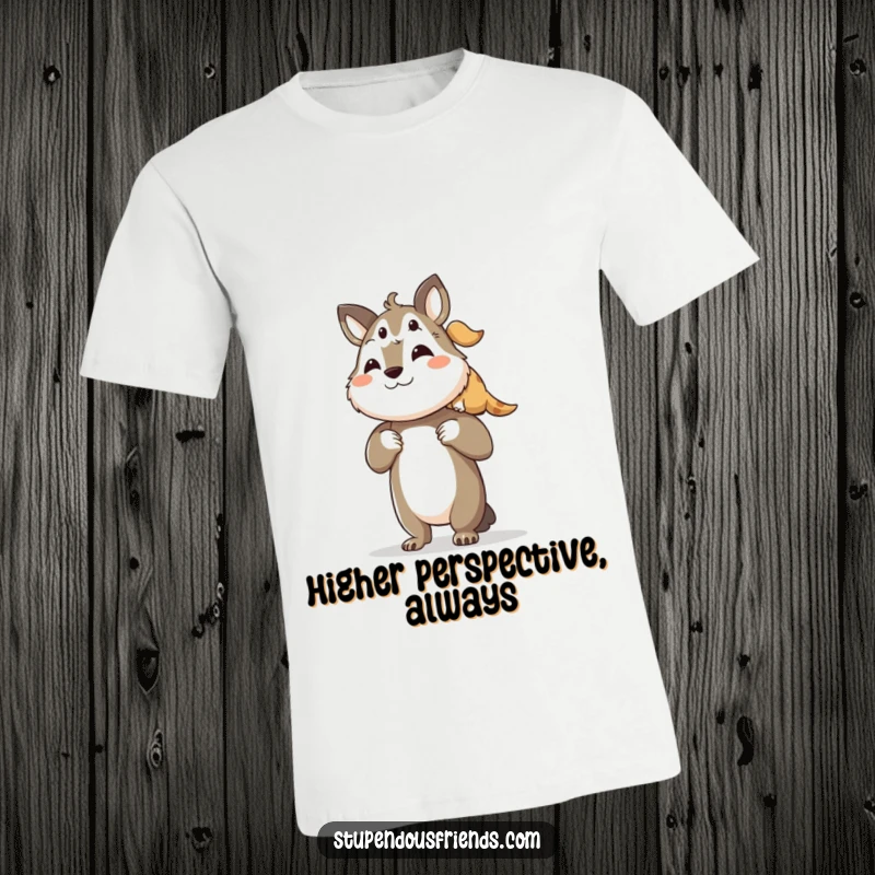 Funny T-shirt illustrating a strong animal character proudly carrying a smaller friend on its shoulders, symbolizing kindness.