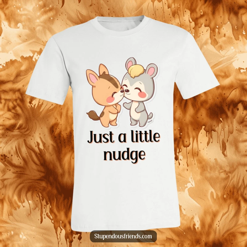 Funny t-shirt illustrating an animal character affectionately nudging a friend with its nose, conveying playful camaraderie.