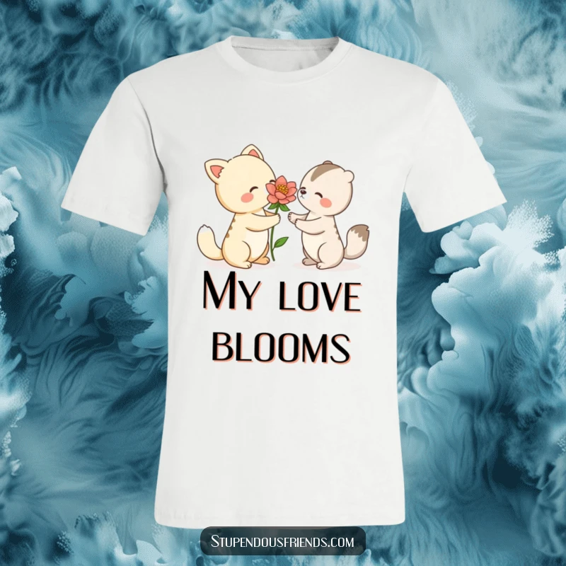 Funny t-shirt illustrating an animal character presenting a beautiful, fully bloomed flower to another, representing a thoughtful and sweet exchange.