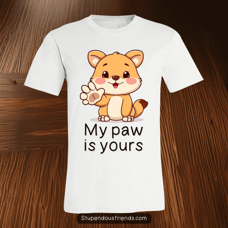 Funny t-shirt featuring a delightful animal character offering a paw in a funny, inviting, and humorous welcoming gesture. Great for casual, funny wear.