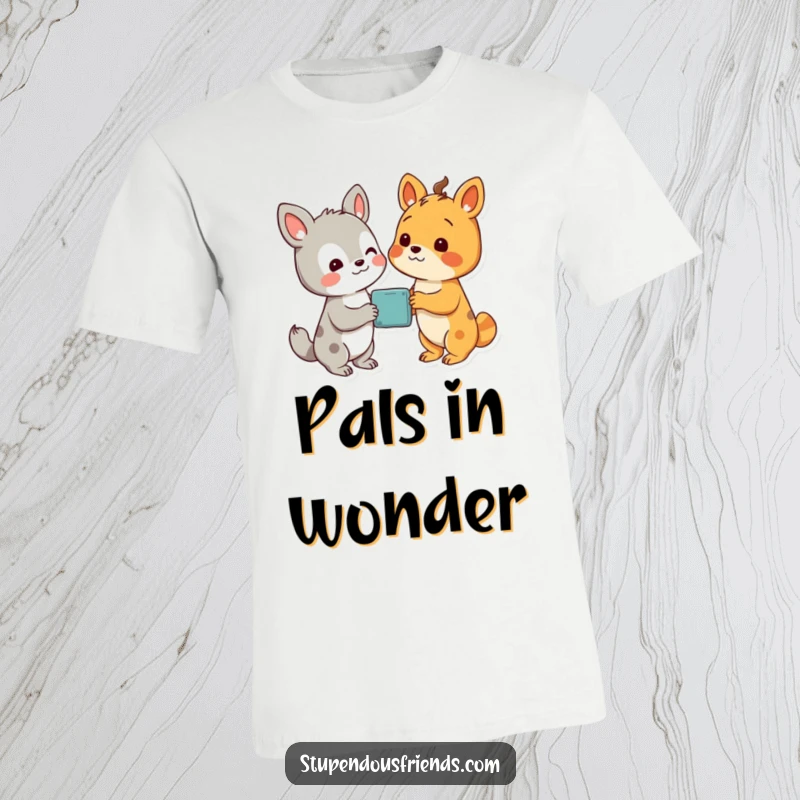 Funny T-shirt illustration of two animal characters looking in delight at a shared, magical discovery, full of wonder.