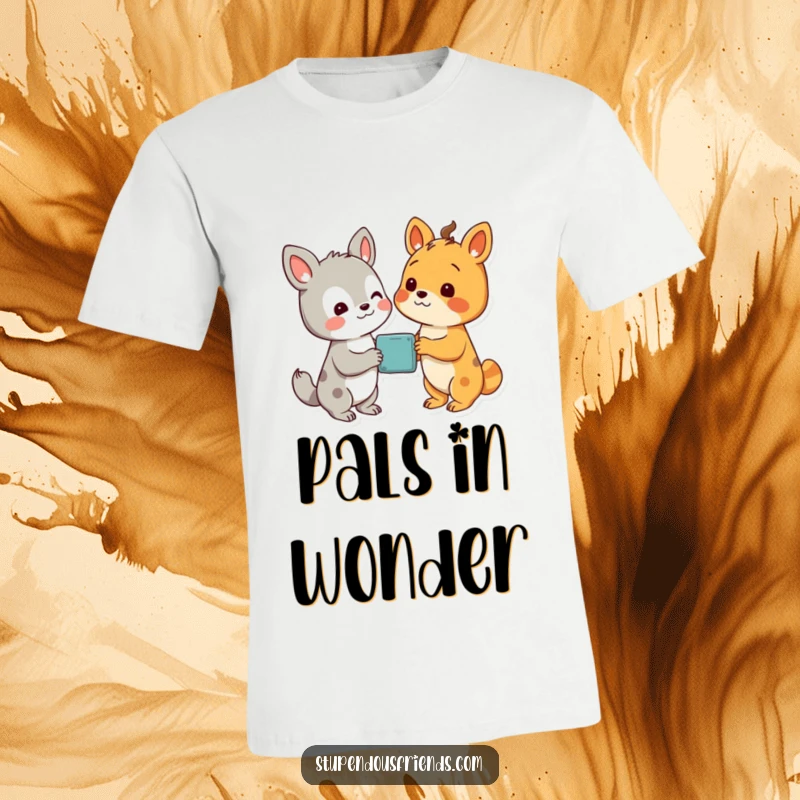 Funny T-shirt illustration of two animal characters looking in delight at a shared, magical discovery, full of wonder.
