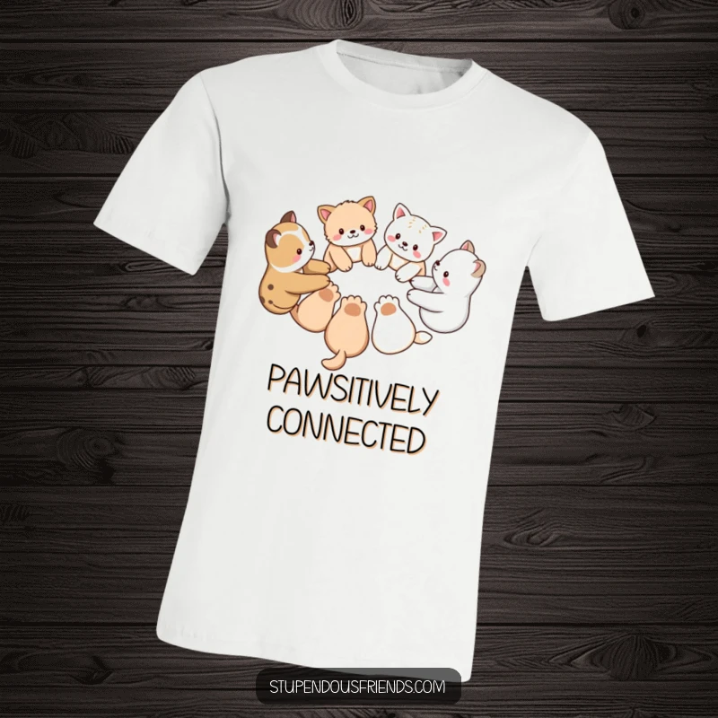 Funny t-shirt with several cheerful animal characters linking paws together in a tight circle, representing solidarity and fun.