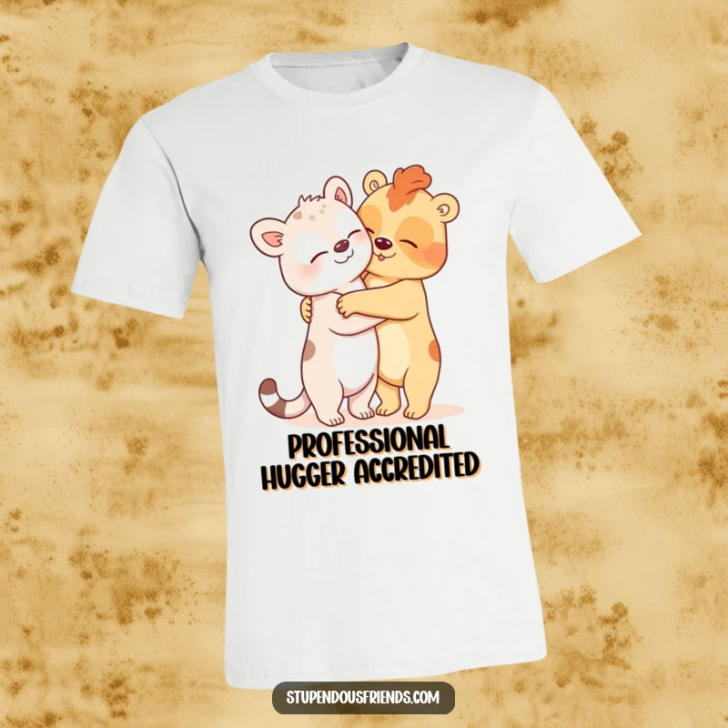 Funny T-Shirt featuring two animals giving an exaggeratedly large and comical hug, showcasing a hilarious and loving moment in cartoon style.