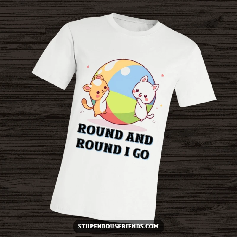 Funny Kawaii animal characters in a playful chase around a big colorful ball, printed on a comfortable T-shirt, ideal for humorous gifting.
